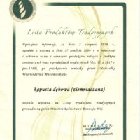 Kapusta dębowa (ziemniaczana) wpisana na Listę Produktów Tradycyjnych Ministerstwa Rolnictwa i Rozwoju Wsi